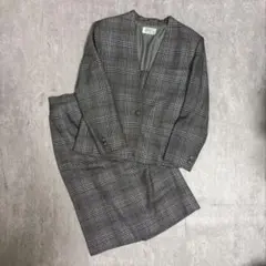 グレンチェック柄 ノーカラースーツ セット上品 きれいめ 通勤 フォーマル