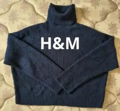 H&M ネイビー リブニット タートルネック 長袖