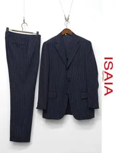 Q384 ISAIA セットアップ スーツ リネン 3つボタン 46 紺のサムネイル