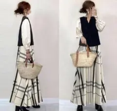 セットアップ　バルーン袖　チェック　バイカラー　フレア　Aライン　ロングスカート