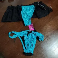 レース Tバック ショーツ ブラック/ターコイズ