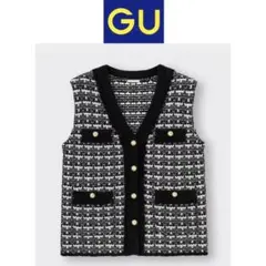 【GU】チェックニットジレQ+E ブラック　L