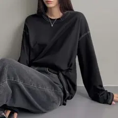 長袖Tシャツ ブラック ホワイトステッチ オーバーサイズ