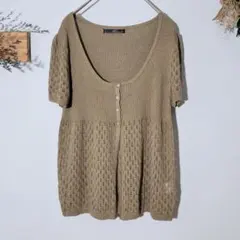 ヌーベルシック【L】カーキ 半袖 カーディガン かぎ編み 淡色 レイヤード透け感