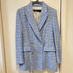 ZARA ツイードジャケット　ブルー　ダブルブレストブレザー　ボタンジャケット