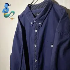 【個性派古着】ネイビー ボタンダウンシャツ　部分デザイン　お洒落　3L BIG