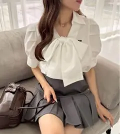 NICE CLAUP 刺繍入りボウタイリボンブラウス オフホワイト