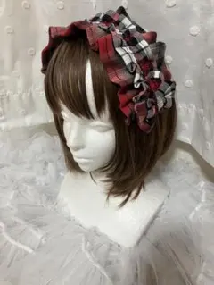 ハンドメイド一点もの　赤白タータンチェックのリボンヘッドドレス