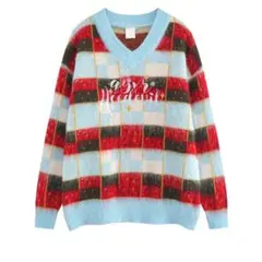 欧米ヴィンテージ 配色切り替え チェック柄 Vネックニットセーター 男女兼用秋冬