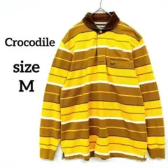 クロコダイル　ボーダー ポロシャツ Mサイズ　イエロー系　コーデュロイ襟付き