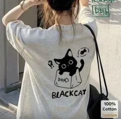 新品 くろねこ 半袖 Tシャツ ライトグレー L 猫 黒猫 綿100% ジム