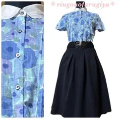 【最終SALE】レトロ●美品●銀座●白丸襟ブラウス●ブルー系●花柄