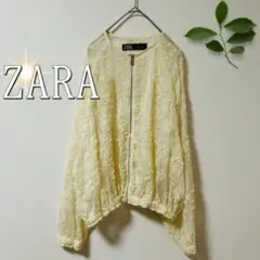 ZARA 花柄シアー光沢ジップアップブルゾン（M）アイボリー