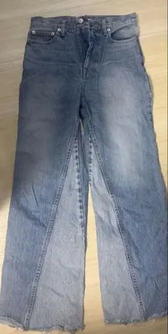 ライトブルー フリンジ裾 ワイドレッグデニム