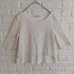 アンタイトル 総レースブラウス ノーカラー サイズ2 七分袖 ホワイト 花柄