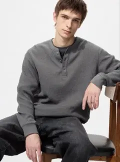 ユニクロ ワッフルヘンリーネック グレー XXL