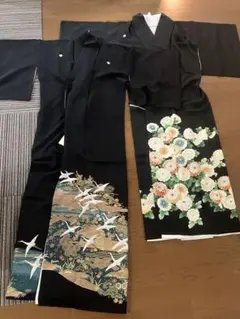 黒留袖 花柄 鶴模様 2点セットまとめて