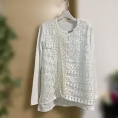 レースパネルデザイン 長袖カットソー　ホワイト