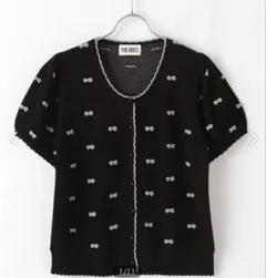 pink house リボンモチーフカーディガン 半袖 クロ×グレー