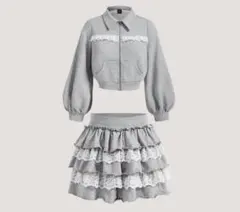 【SHEIN 】グレー スウェット セットアップ スカート フリル パーカー