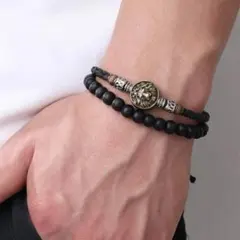 ブレスレット ユニセックス ブラック レザー ライオン ビーズ 編み込み