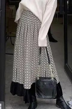 GRL グレイル 幾何学柄プリーツ切替フレアロングスカート ホワイト/ブラック