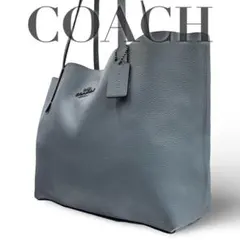 【良品】コーチ　トートバッグ　オールレザー　ロゴ金具　チャーム　ブルー　肩掛け