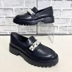 RANDA ランダ パール×ビジュー 厚底ローファー 黒 ブラック Ｌサイズ