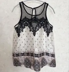 ノースリーブ チュニック 【M】レース ホワイト ブラック 花柄 大人可愛い