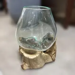 流木ガラス　水槽 球形 木製スタンド付き