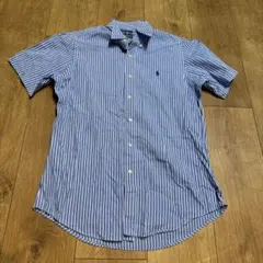 ラルフ・ローレン 半袖ボタンダウンシャツ 青白ストライプ 15 1/2