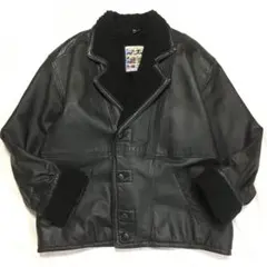 【個性派古着】革ジャケット　豚革　黒　ボア付き　暖かい　メンズ L レザーコート