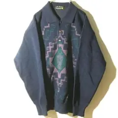 【個性派古着】総柄セーター　襟付きニットポロ　セーター　紺色　ネイティブ柄　L