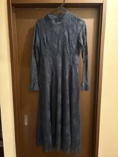 ダークブルー レースドレス 長袖 フレア袖