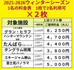 2枚セット1枚で大人2名可リフト券割引券ハンタマグランヒラフたんばら勝山他②