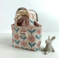 保冷の巾着ミニトートバッグ　おにぎりやお菓子入れに　北欧風花柄くすみピンク