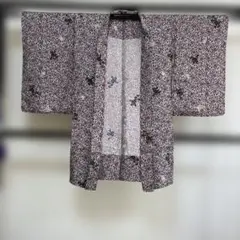 ■E5560■アンティーク■正絹錦紗■白鼠色×葡萄色　袷長羽織■丈100　裄62