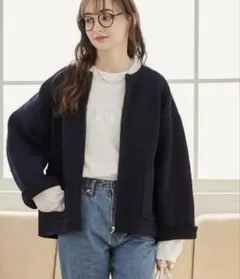 新品未使用　ANGIE ランタンスリーブ ニットジップカーディガン　ネイビー