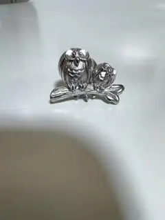 フクロウと小鳥のシルバーブローチ