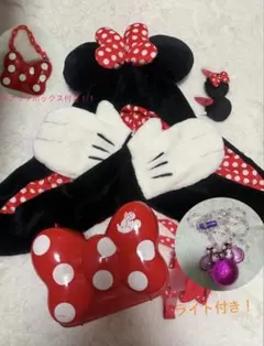 ミニーマフラーキャップ、ピン、ライト、ポップコーンバケット、スナックボックス5点