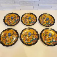 古伊万里写 色絵金襴手 菊割 南蛮船南蛮人図 銘々皿 陶扇 5枚揃 金縁 