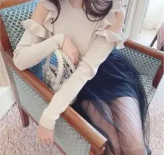 【amerge】オープンショルダー フレア袖ニット ベージュ M 春ニット 春先