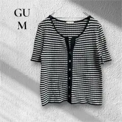 【GU】【M】レディース　カーディガン　ボーダー　スリットネック　半袖　ニット