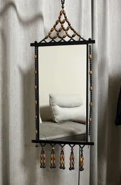 木珠 ウォールミラー 壁掛け鏡　ビーズ装飾壁掛け鏡　昭和 訳あり