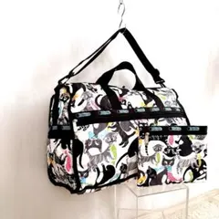 美品 大容量 レスポートサック ネコ総柄ラージ ボストンバッグ ポーチ付 白 黒