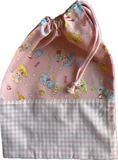 ハンドメイド♡可愛い動物柄♡ピンク　チェック　お着替え袋　体操服袋　巾着袋