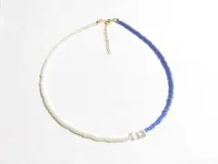 淡水パール　青紫ｘクリーム　ビーズネックレス　ハンドメイド