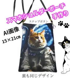 ⑥ハンドメイド　スマホショルダーポーチ　猫柄　スナップボタン　匿名配送　AI画像