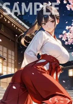 巫女 剣士 清楚 美少女 可愛い イラスト A4ポスター A092