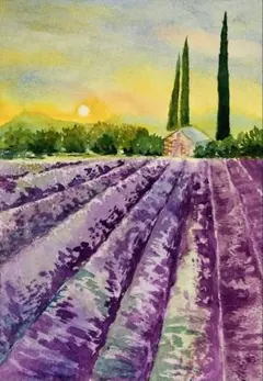 アクリル画 原画 「ラベンダー畑14・四季彩の丘」額縁付き SM